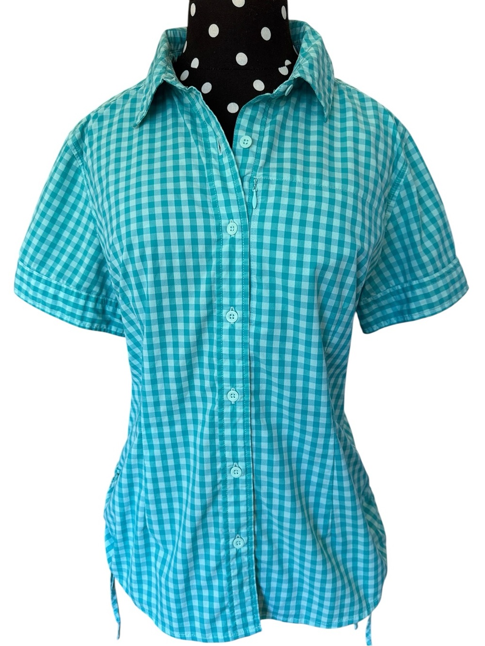 The North Face Gingham Stretch Button Down Shirt Teal Hiking Travel Womens Large